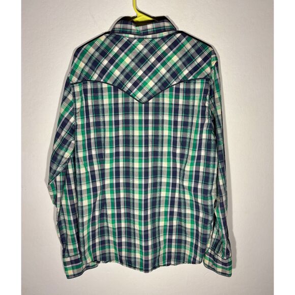 GUESS Men’s Plaid Western Snap Button Shirt Size L Blue Green Long Sleeve Casual - Picture 6 of 6